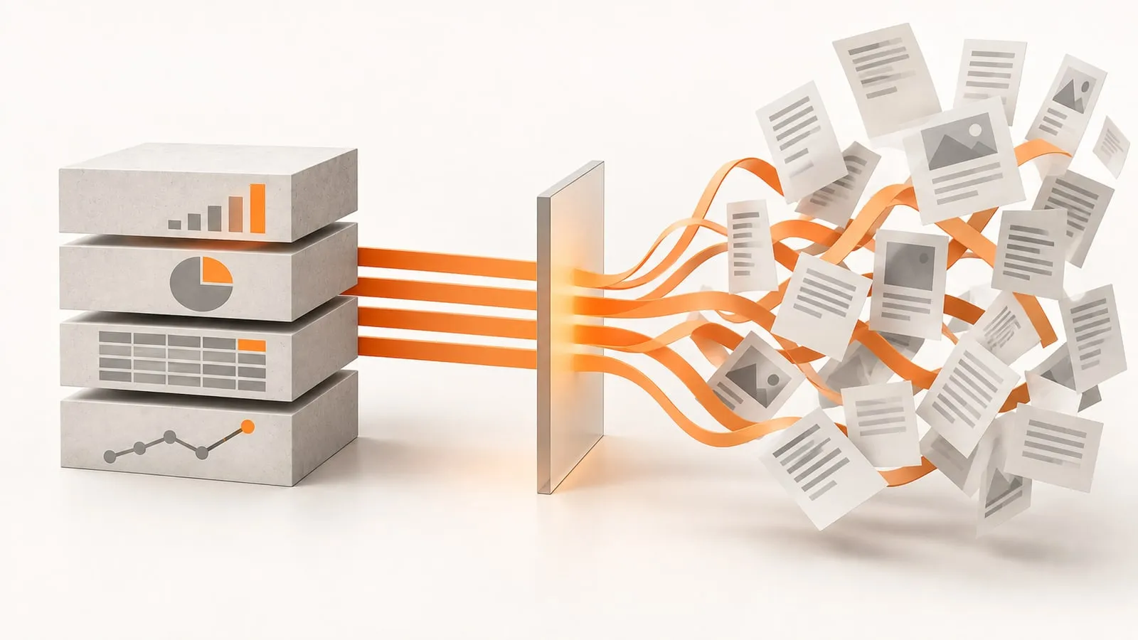 A stack of four gray data modules emitting straight orange streams through a gate, which fan out into a burst of ordered documents