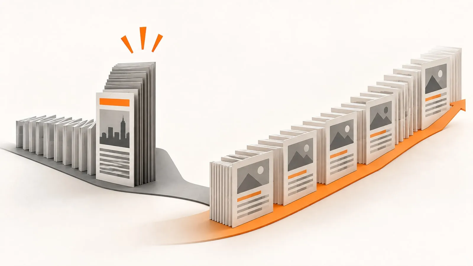 A tall narrow stack of cards spiking on the left beside a long orange path lined with evenly spaced document stacks rising gently toward an arrow
