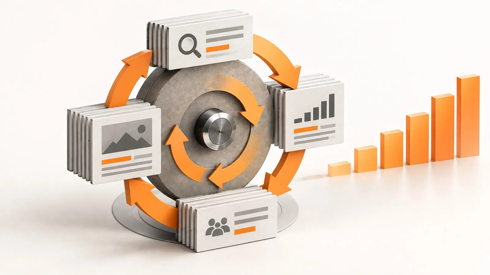 A stone flywheel ringed by four stacks of cards and orange arrows, turning beside a rising orange bar chart