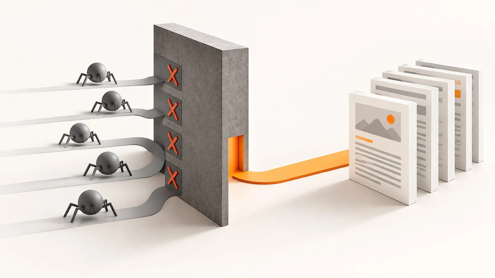 Five small crawler tokens stopped at a concrete wall marked with orange X marks, while one orange lane passes through a gap to a row of documents