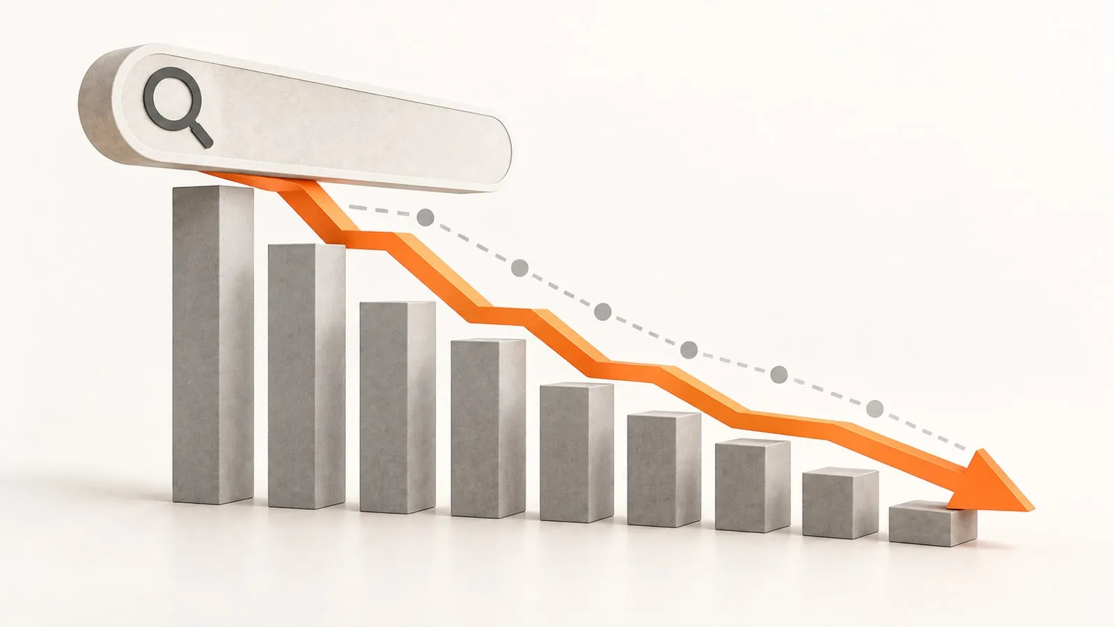 A search bar above a row of gray bars that shrink from left to right, with an orange arrow tracing the decline downward