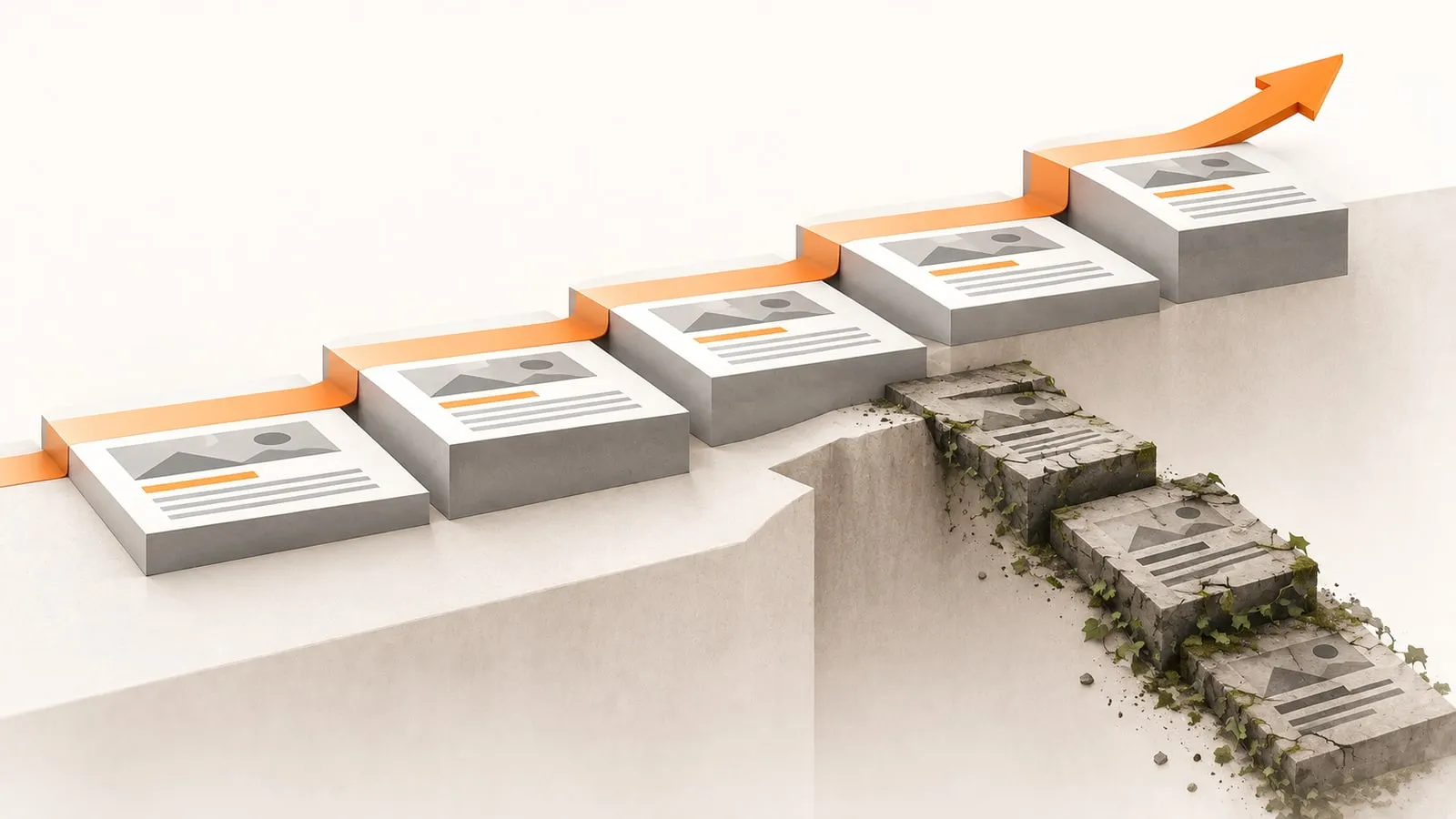 A rising orange path of document steps leading to an arrow, beside a cliff edge where older documents have crumbled and grown moss