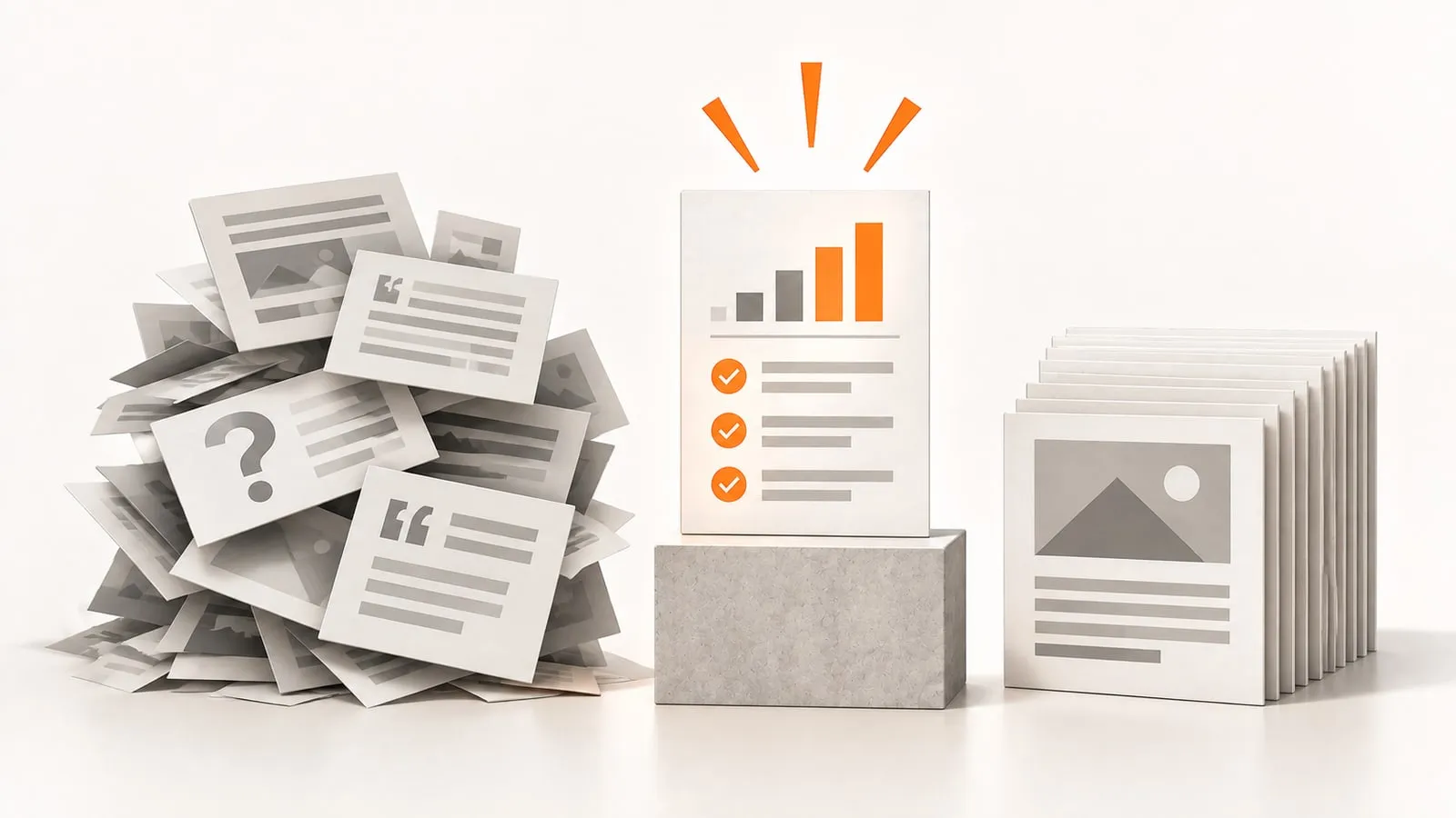 A crumpled pile of gray papers on the left, a single verified report with an orange bar chart raised on a pedestal in the center, and a neat stack of documents on the right
