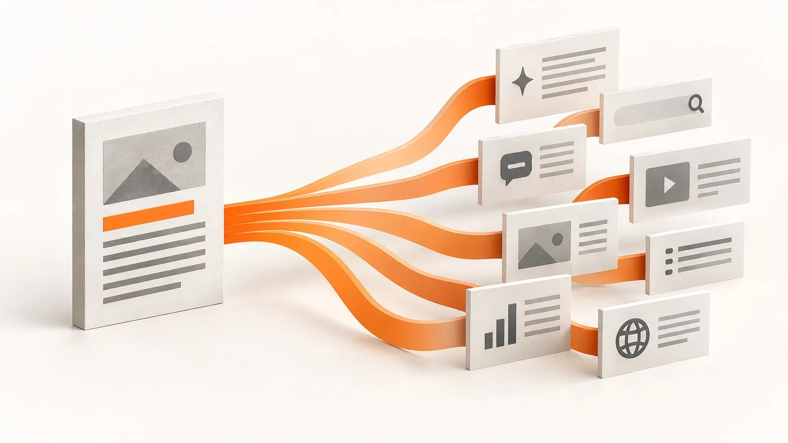 A single document on the left fanning orange ribbons out to a scattered cluster of small cards on the right