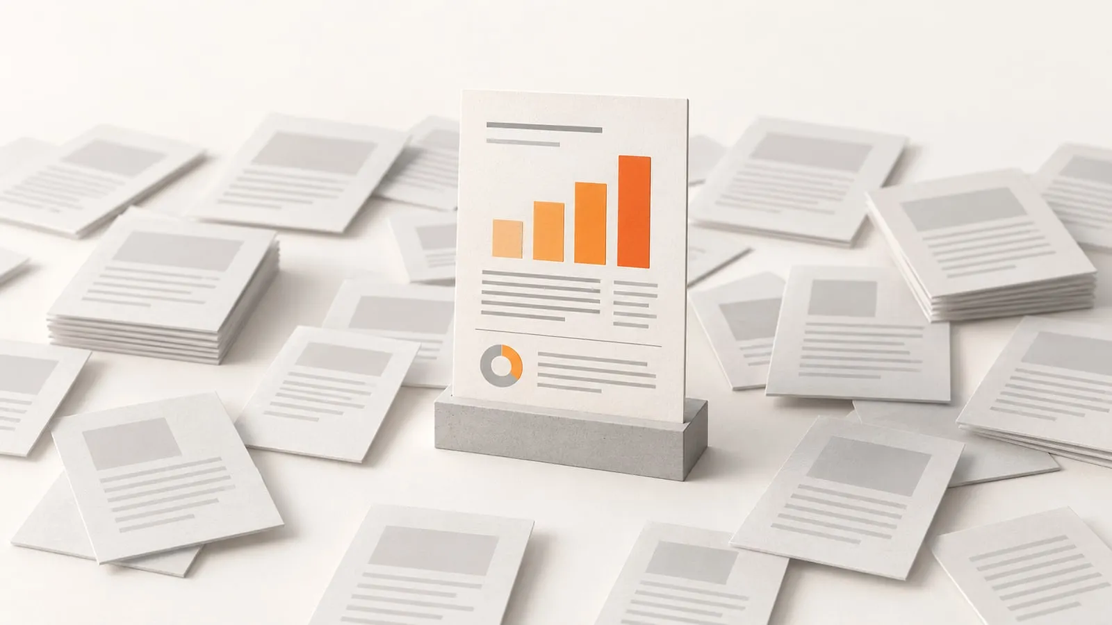 A single upright report card with an orange bar chart standing among dozens of plain gray documents scattered flat on a white surface